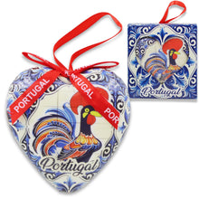 Load image into Gallery viewer, Heart-Shaped Portugal Christmas Ornament with Barcelos Rooster Azulejo Tile Design and Ribbon
