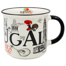 Load image into Gallery viewer, Portuguese Ceramic Coffee Mug – Black &amp; White Portugal Landmarks with Rooster and Tram Design, 12 oz
