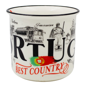 Portuguese Ceramic Coffee Mug – Black & White Portugal Landmarks with Rooster and Tram Design, 12 oz