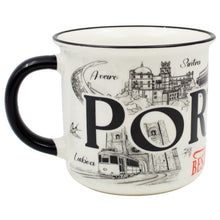 Load image into Gallery viewer, Portuguese Ceramic Coffee Mug – Black &amp; White Portugal Landmarks with Rooster and Tram Design, 12 oz

