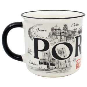 Portuguese Ceramic Coffee Mug – Black & White Portugal Landmarks with Rooster and Tram Design, 12 oz