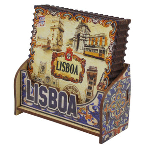 Lisboa Landmark Scenes Wooden Coasters - Set of 6 with Holder