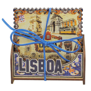 Lisboa Landmark Scenes Wooden Coasters - Set of 6 with Holder