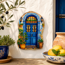 Load image into Gallery viewer, Portuguese Blue Door Hanging Wall Plaque with Azulejo Tile Arch &amp; Floral Design
