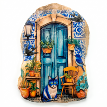 Load image into Gallery viewer, Portuguese Azulejo Door Hanging Plaque with Blue Cat &amp; Birds
