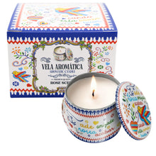 Load image into Gallery viewer, Portuguese Amizade Metal Candle – Colorful Folk Art Design, Rose Scent
