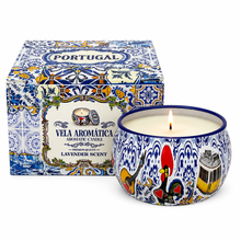 Load image into Gallery viewer, Portugal Lavender Scented Candle in Decorative Tin – Portuguese Icons &amp; Azulejo Tile Design
