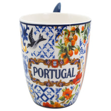 Load image into Gallery viewer, Portuguese Azulejo Ceramic Mug with Spoon – Blue Tile, Swallow &amp; Floral Motifs
