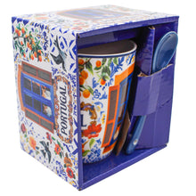 Load image into Gallery viewer, Portuguese Azulejo Ceramic Mug with Spoon – Blue Tile, Swallow &amp; Floral Motifs
