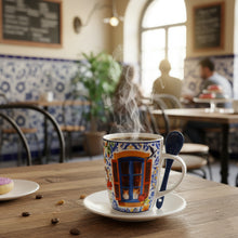 Load image into Gallery viewer, Portuguese Azulejo Ceramic Mug with Spoon – Blue Tile, Swallow &amp; Floral Motifs
