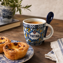 Load image into Gallery viewer, Portuguese Azulejo Espresso Cup with Spoon – Ceramic Coffee Cup, Blue Tile Design, 4 oz
