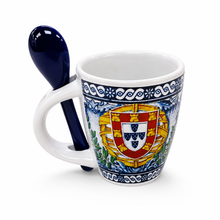 Load image into Gallery viewer, Portuguese Azulejo Espresso Cup with Spoon – Ceramic Coffee Cup, Blue Tile Design, 4 oz
