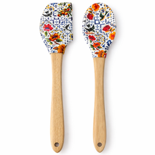 Load image into Gallery viewer, Portuguese Azulejo Silicone Spatula &amp; Spoon Set – Floral Tile Print with Wood Handle
