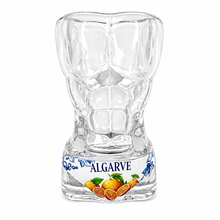 Load image into Gallery viewer, Portugal Algarve Speedo Shot Glass Set of 2 – Curved Glass Design with Citrus Motif &amp; Traditional Blue Tile Pattern
