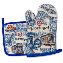 Load image into Gallery viewer, Portuguese Rooster, Tram &amp; Sardine Oven Mitt &amp; Pot Holder Set - Azulejo Tile Kitchen Design
