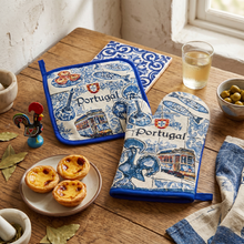 Load image into Gallery viewer, Portuguese Rooster, Tram &amp; Sardine Oven Mitt &amp; Pot Holder Set - Azulejo Tile Kitchen Design
