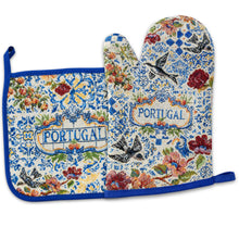 Load image into Gallery viewer, Portuguese Swallow Birds &amp; Floral Oven Mitt &amp; Pot Holder Set - Azulejo Tile Kitchen Design
