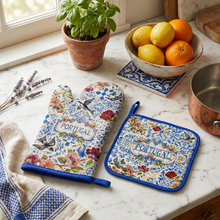 Load image into Gallery viewer, Portuguese Swallow Birds &amp; Floral Oven Mitt &amp; Pot Holder Set - Azulejo Tile Kitchen Design
