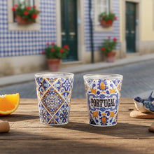Load image into Gallery viewer, Portuguese Azulejo Shot Glass Set – Blue Yellow Tile Design, Set of 2
