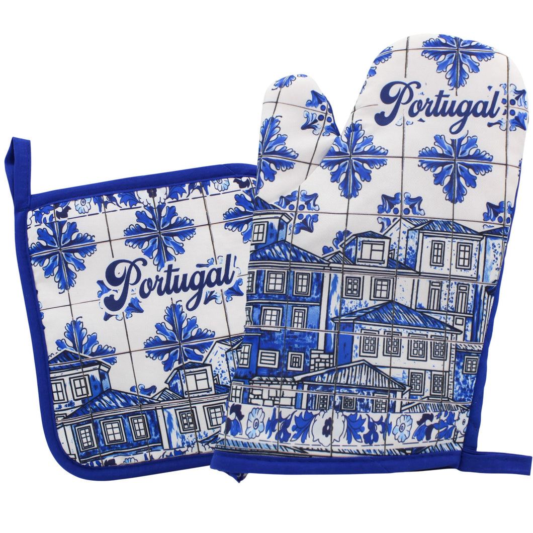 Portugal Azulejo Oven Mitt and Pot Holder Set – Blue & White Tile Design
