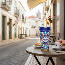 Load image into Gallery viewer, Portugal Azulejo Stainless Steel Double Wall Vacuum Bottle – 20 oz Insulated Travel Bottle with Lid &amp; Carry Loop
