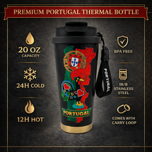 Load image into Gallery viewer, Portugal Stainless Steel Double Wall Vacuum Bottle – Barcelos Rooster &amp; Crest Design Travel Mug with Carry Loop
