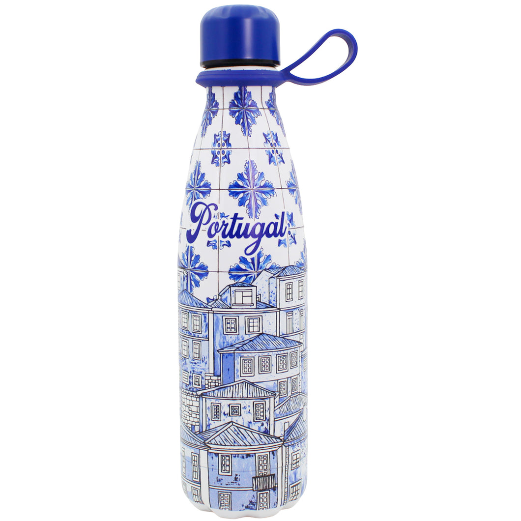 Portuguese Azulejo Stainless Steel Water Bottle – Blue Tile Houses Pattern & Carry Loop