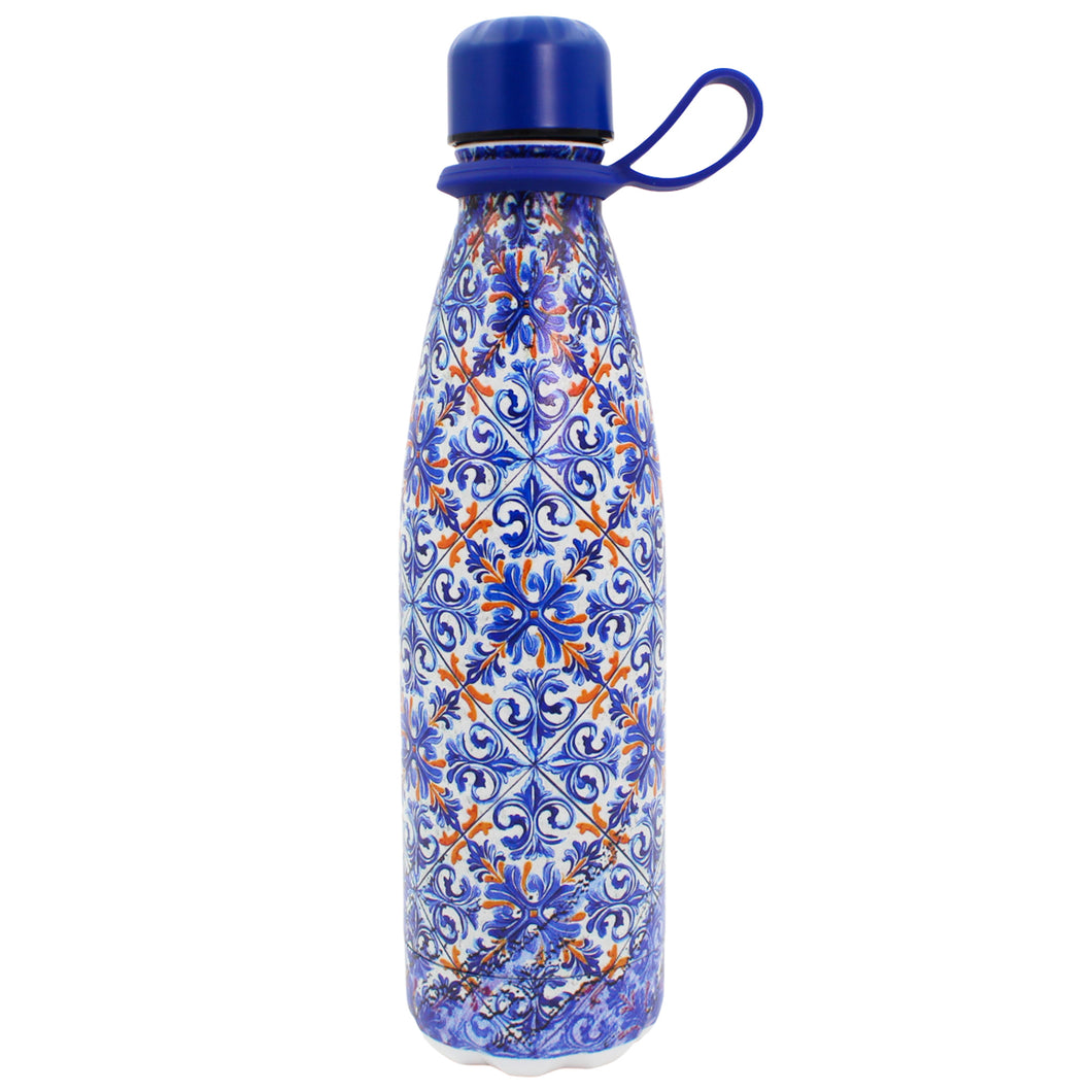 Portuguese Azulejo Stainless Steel Water Bottle – Blue Tile Pattern & Carry Loop