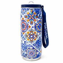 Load image into Gallery viewer, Portuguese Azulejo Tile Stainless Steel Water Bottle with Straw Lid &amp; Carry Strap
