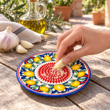 Load image into Gallery viewer, Ceramic Garlic, Ginger &amp; Tomato Grater Plate – Lemon Design, 5"
