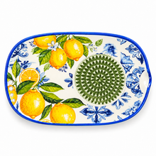 Load image into Gallery viewer, Ceramic Garlic Grater &amp; Herb Stripper Dish – Lemon &amp; Blue Tile Design, 6.75"
