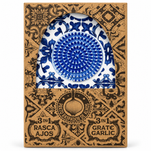 Load image into Gallery viewer, Ceramic Garlic Grater &amp; Herb Stripper Dish – Blue &amp; White Azulejo Design, 6.75"
