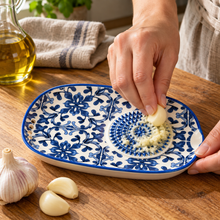 Load image into Gallery viewer, Ceramic Garlic Grater &amp; Herb Stripper Dish – Blue &amp; White Azulejo Design, 6.75"
