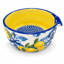 Load image into Gallery viewer, Ceramic Garlic Grater &amp; Herb Stripper Bowl – Lemon &amp; Blue Tile Design
