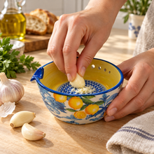 Load image into Gallery viewer, Ceramic Garlic Grater &amp; Herb Stripper Bowl – Lemon &amp; Blue Tile Design
