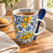 Load image into Gallery viewer, Portugal Lemon &amp; Blue Azulejo Ceramic Mug with Spoon, 12 oz Gift Set
