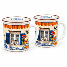 Load image into Gallery viewer, Portugal Window Cats &amp; Swallows Small Ceramic Mugs – Set of 2, 8 oz Each
