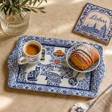 Load image into Gallery viewer, Portuguese Azulejo Metal Serving Tray with Iconic Tile &amp; Cultural Design – 10" Decorative Coffee &amp; Pastry Tray
