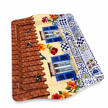 Load image into Gallery viewer, Portuguese Azulejo Metal Serving Tray with Traditional House &amp; Tile Design – 10" Decorative Coffee &amp; Pastry Tray

