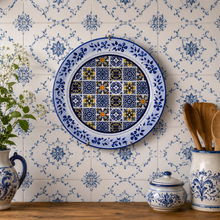 Load image into Gallery viewer, Portuguese Azulejo Ceramic Decorative Wall Plate – Blue Tile Center with Floral Border
