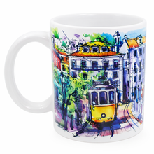 Load image into Gallery viewer, Portugal Watercolor Tram Ceramic Mug – 12 oz Coffee &amp; Tea Cup
