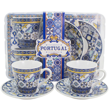 Load image into Gallery viewer, Portuguese Azulejo Espresso Cup &amp; Saucer Set - Mixed Tile Design, Set of 2 with Gift Box
