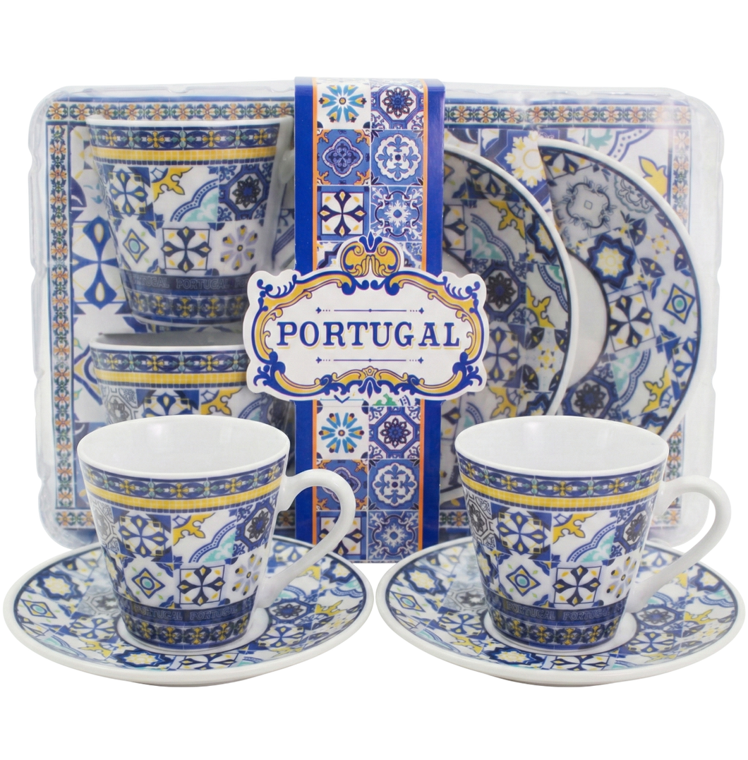 Portuguese Azulejo Espresso Cup & Saucer Set - Mixed Tile Design, Set of 2 with Gift Box