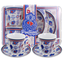 Load image into Gallery viewer, Portuguese Viana Heart Espresso Cup &amp; Saucer Set – Blue &amp; Red Folk Art Design, Set of 2 with Gift Box
