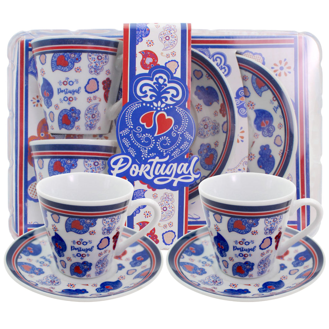 Portuguese Viana Heart Espresso Cup & Saucer Set – Blue & Red Folk Art Design, Set of 2 with Gift Box