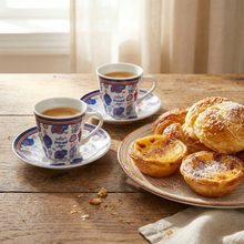 Load image into Gallery viewer, Portuguese Viana Heart Espresso Cup &amp; Saucer Set – Blue &amp; Red Folk Art Design, Set of 2 with Gift Box
