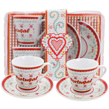 Load image into Gallery viewer, Portuguese Folk Art Espresso Cup &amp; Saucer Set – Red Heart &amp; Floral Design, Set of 2 with Gift Box
