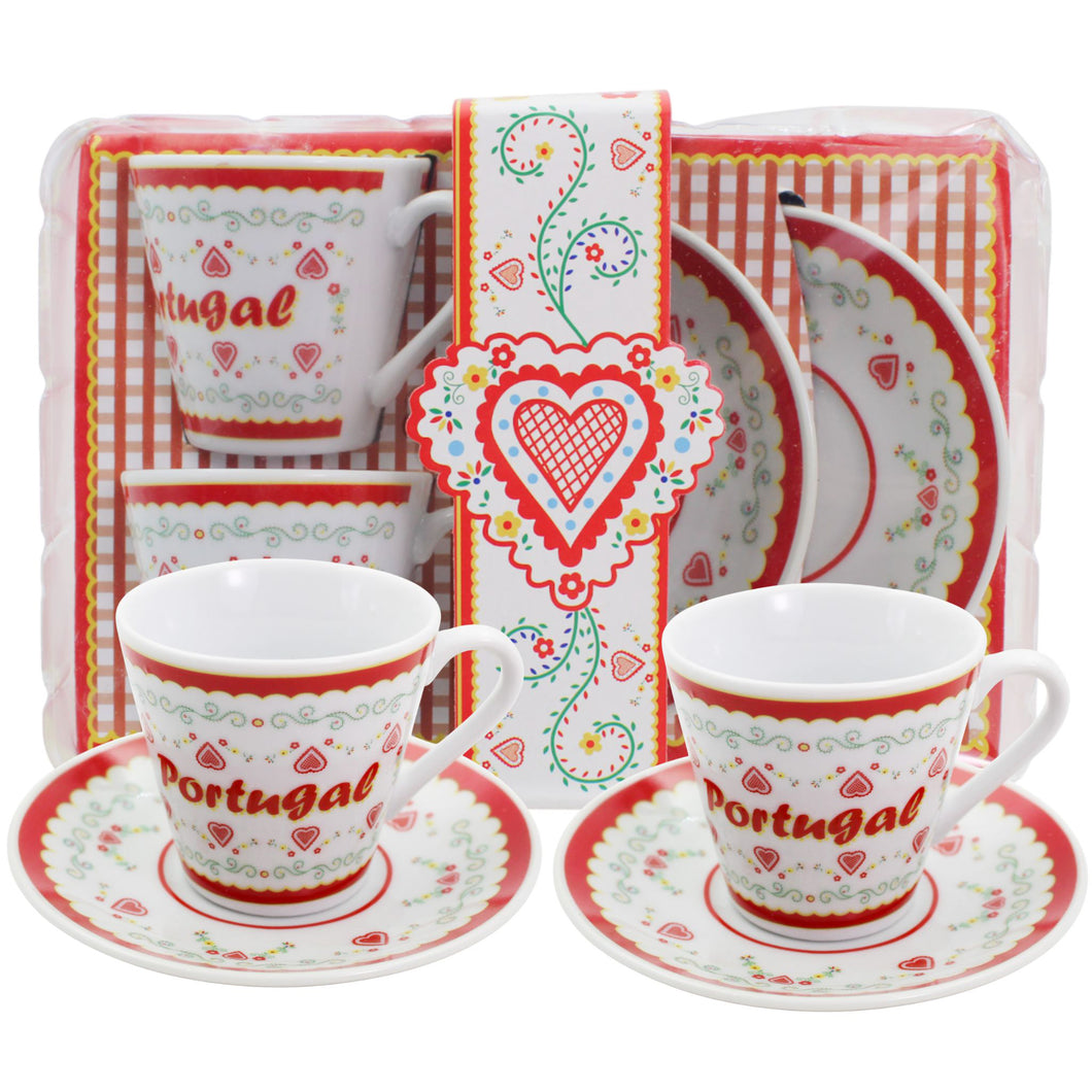 Portuguese Folk Art Espresso Cup & Saucer Set – Red Heart & Floral Design, Set of 2 with Gift Box