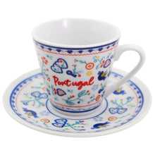 Load image into Gallery viewer, Portuguese Folk Art Espresso Cup &amp; Saucer Set – Heart &amp; Floral Motif, Set of 2 with Gift Box
