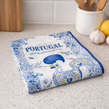 Load image into Gallery viewer, Portuguese Azulejo Microfiber Kitchen Towel with Galo Rooster, Blue Floral Tile Design
